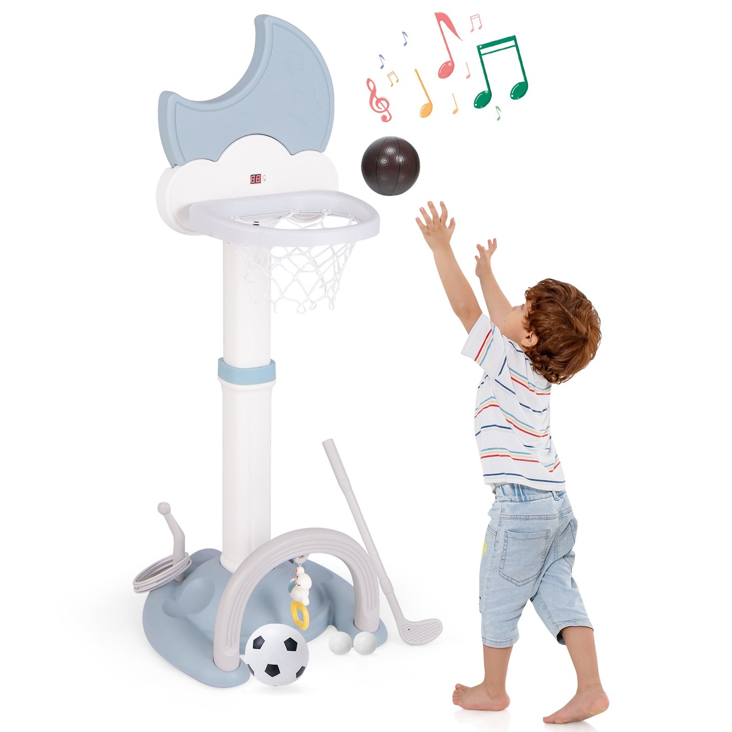 4-In-1 Kids Basketball Hoop with Electronic Scoreboard - Blue