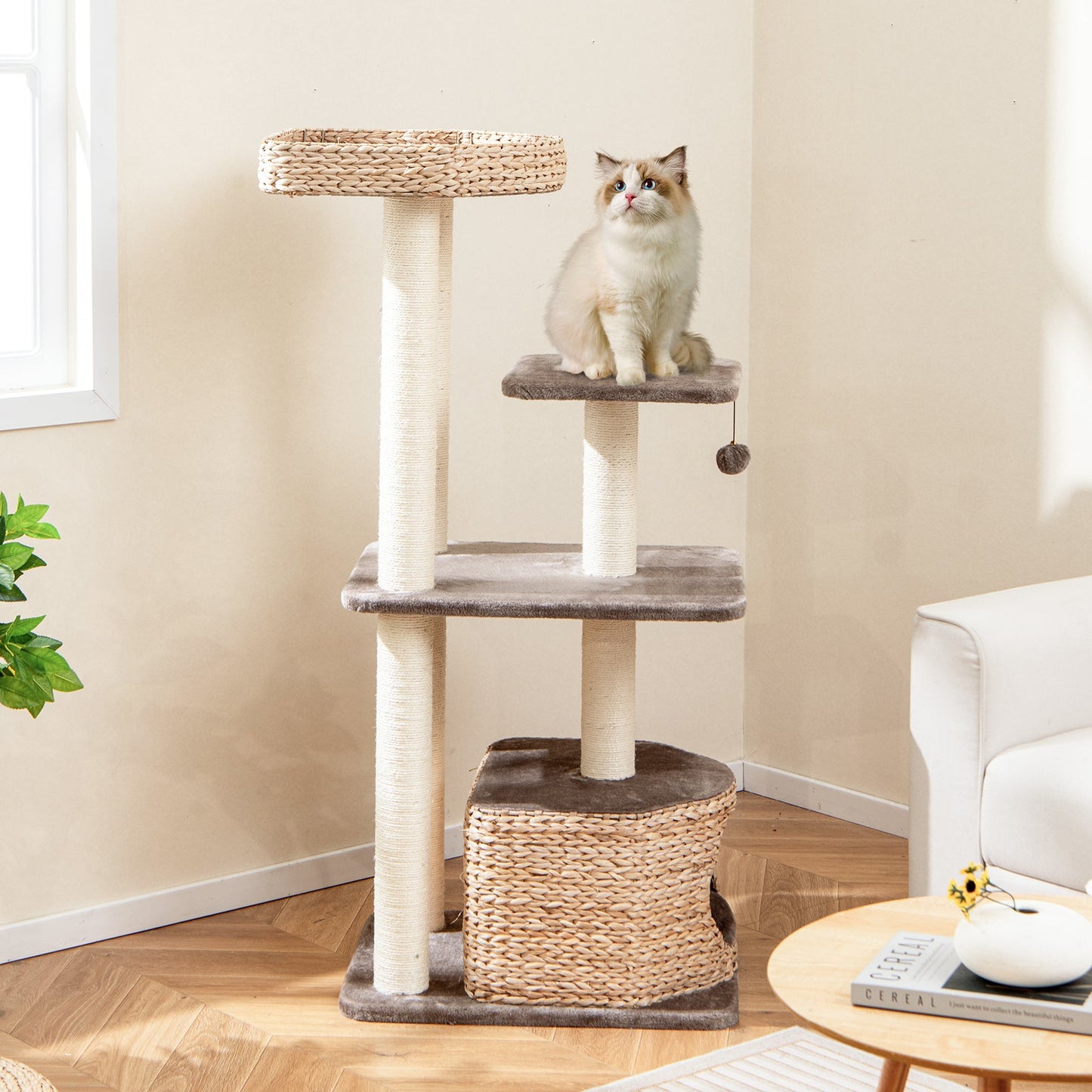 4-Layer Cat Tower with Scratching Posts and Washable Cushions - Coffee