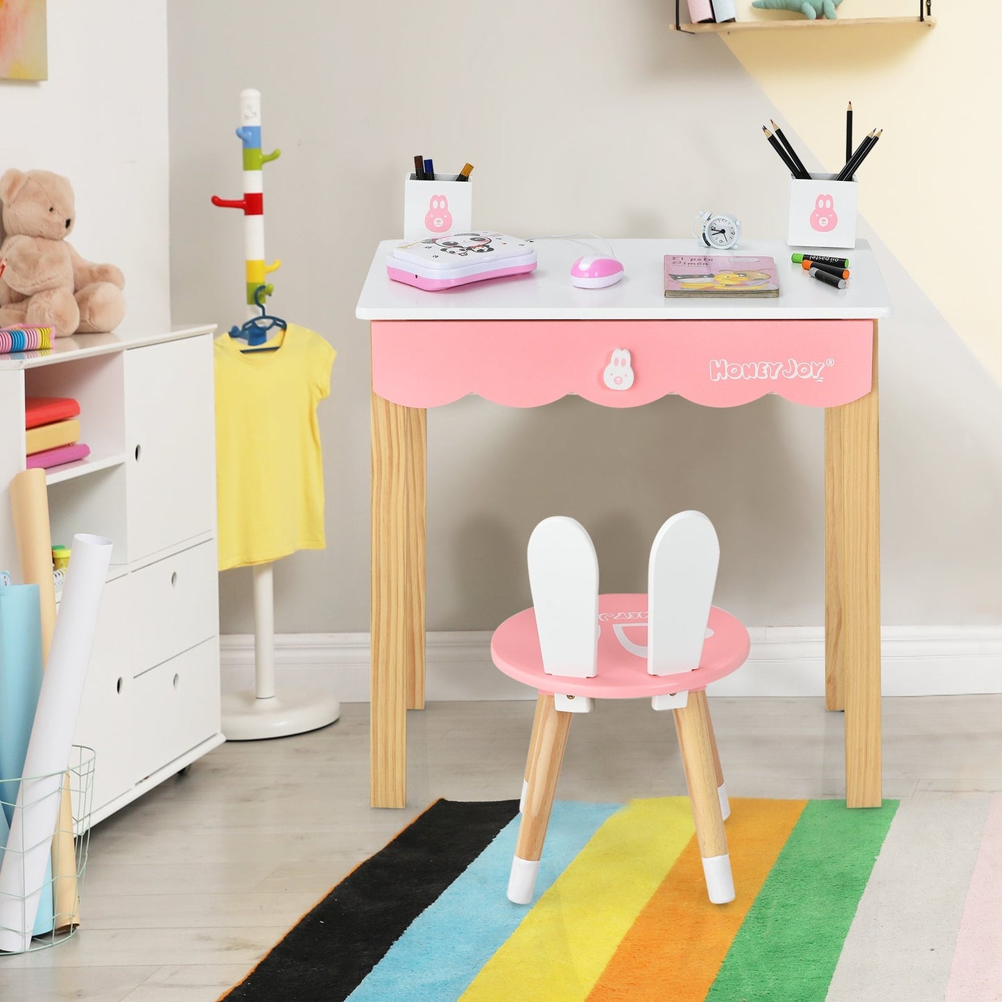 Ensemble de coiffeuse pour enfants avec chaise et miroir en forme de lapin - Blanc