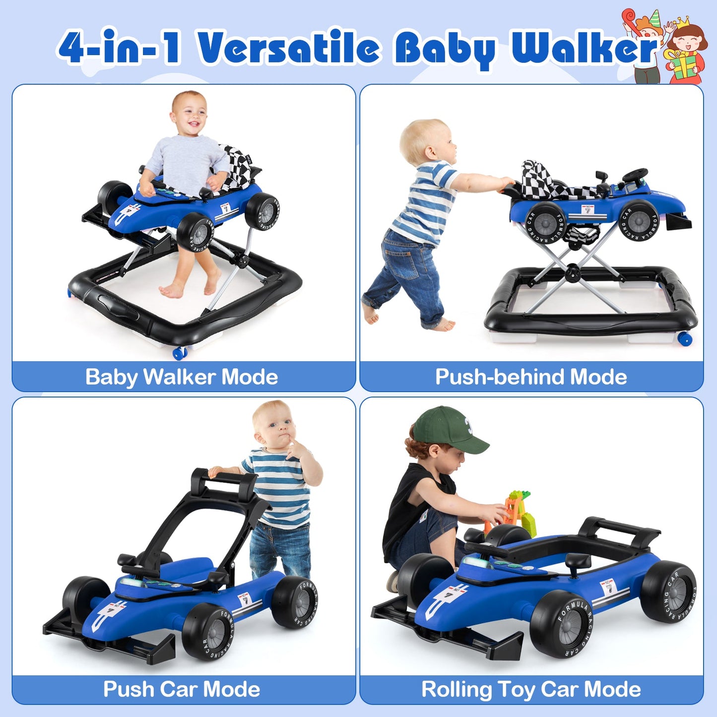 Centro de Actividades para Bebés con Andador Ajustable 4 en 1 - Azul