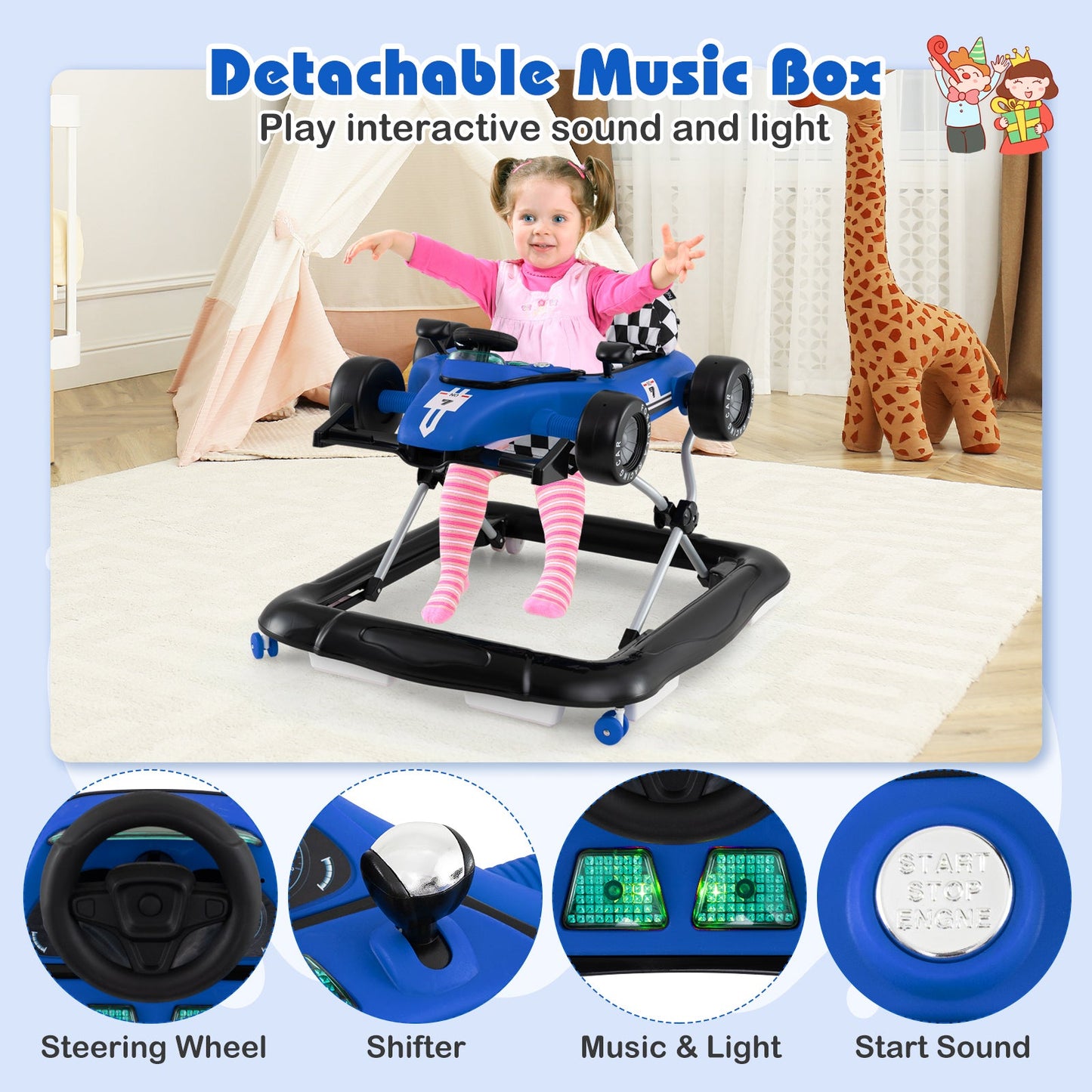 Centro de Actividades para Bebés con Andador Ajustable 4 en 1 - Azul
