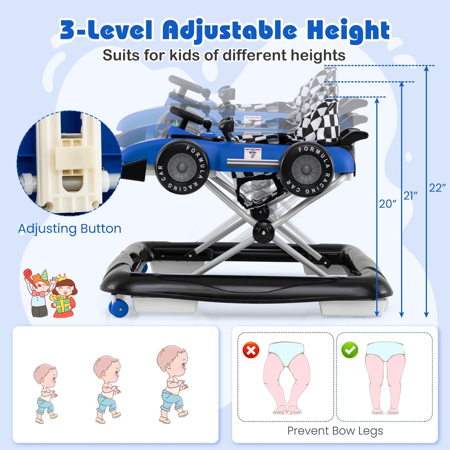 Centro de Actividades para Bebés con Andador Ajustable 4 en 1 - Azul
