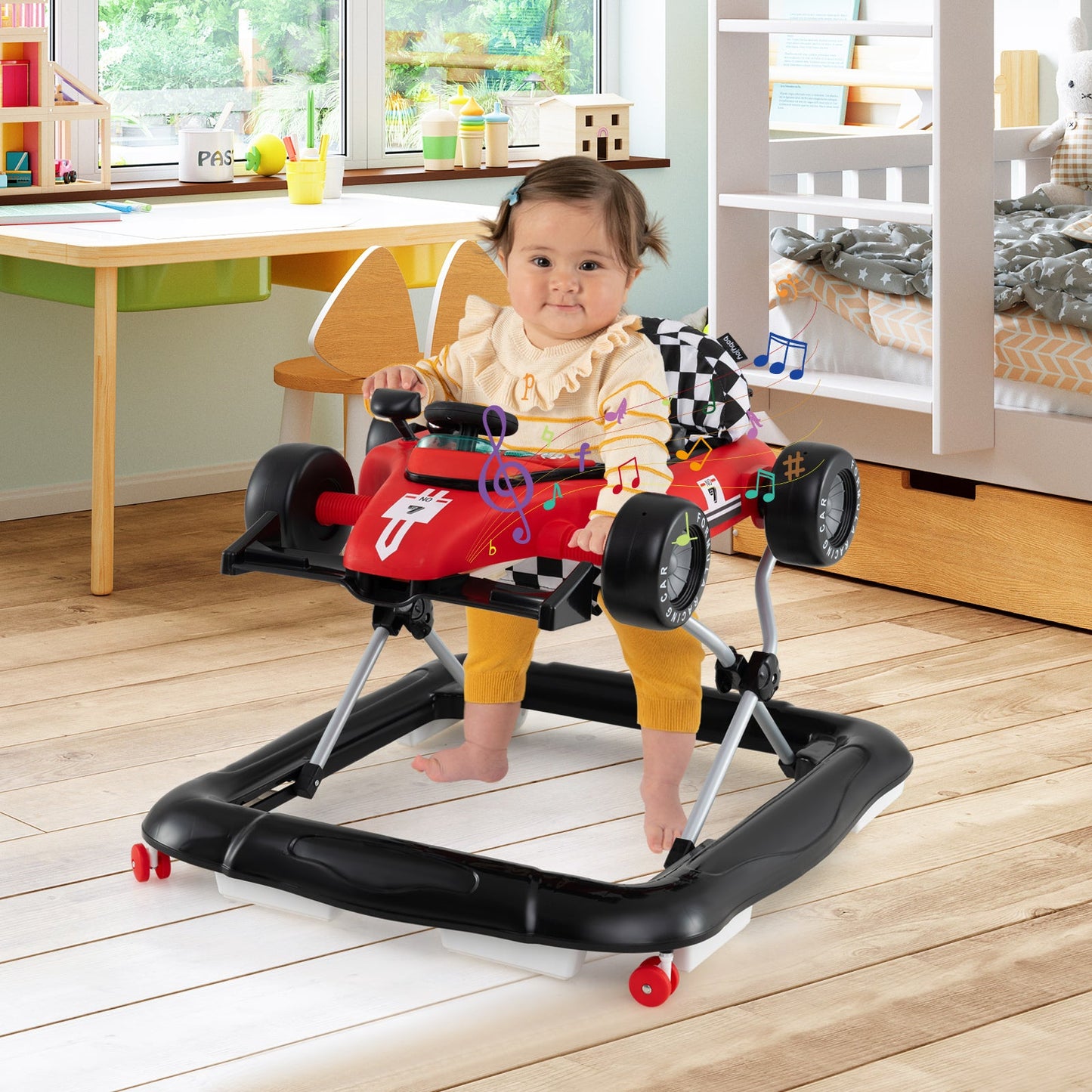 4-in-1 Adjustable Baby Push Walker with Music Box - Red