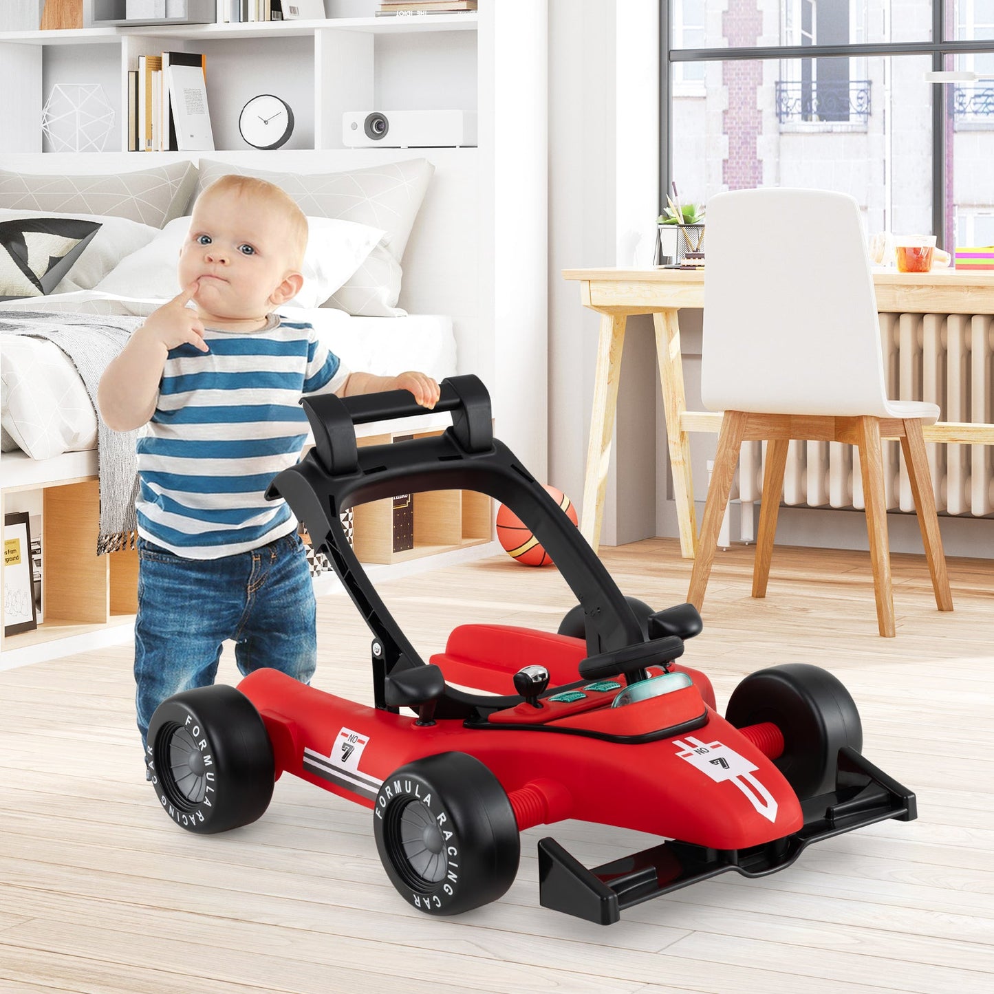 4-in-1 Adjustable Baby Push Walker with Music Box - Red