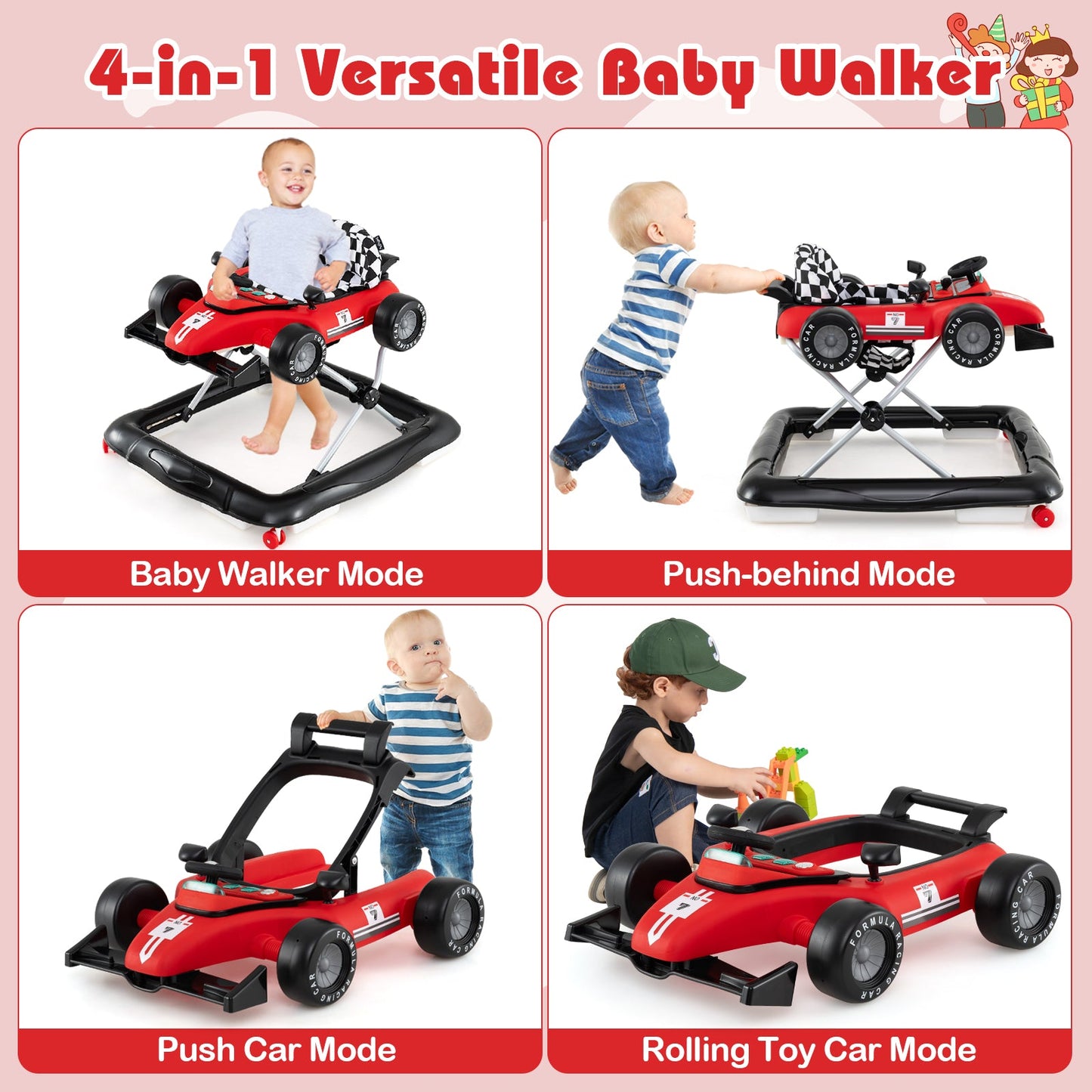 4-in-1 Adjustable Baby Push Walker with Music Box - Red