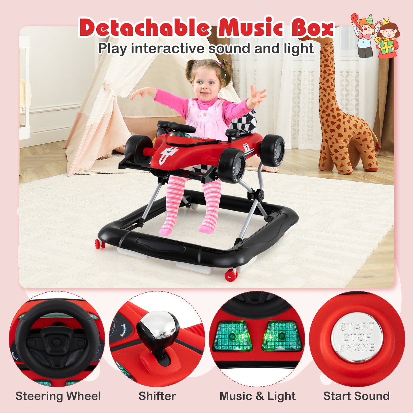 4-in-1 Adjustable Baby Push Walker with Music Box - Red