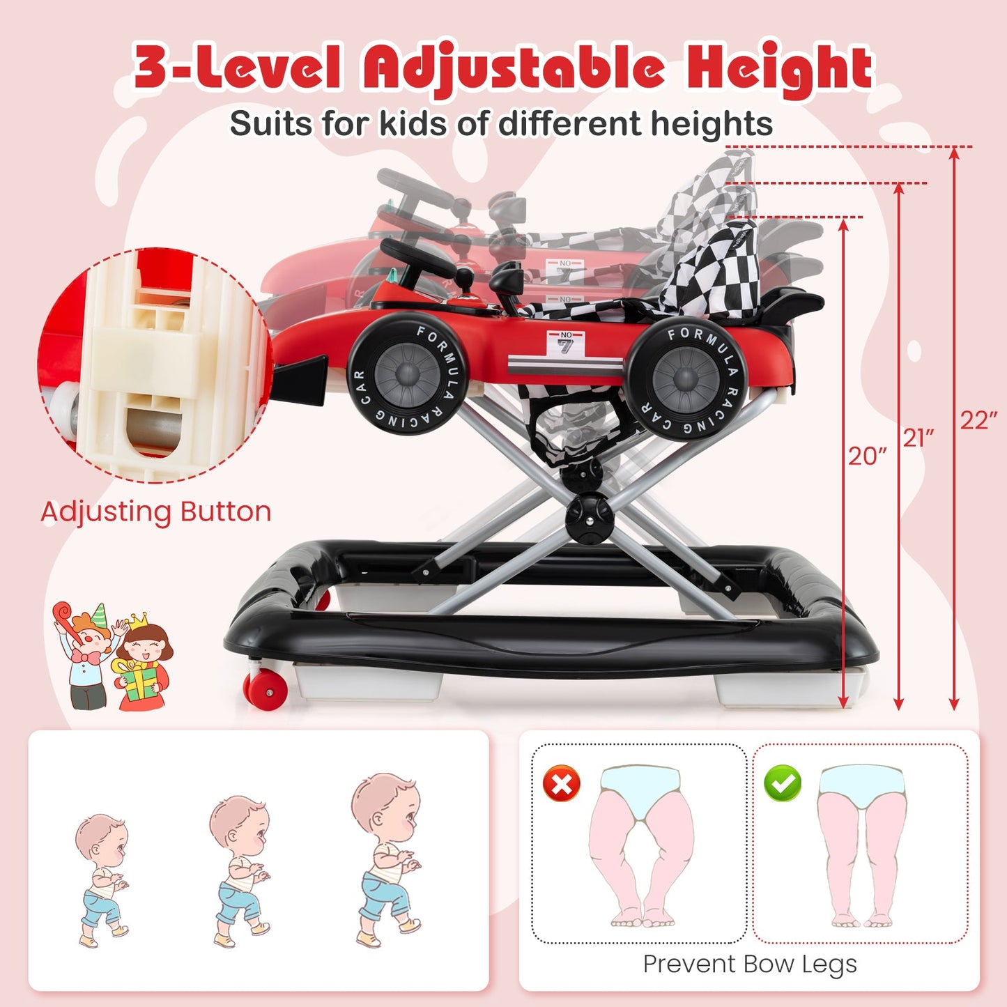 4-in-1 Adjustable Baby Push Walker with Music Box - Red
