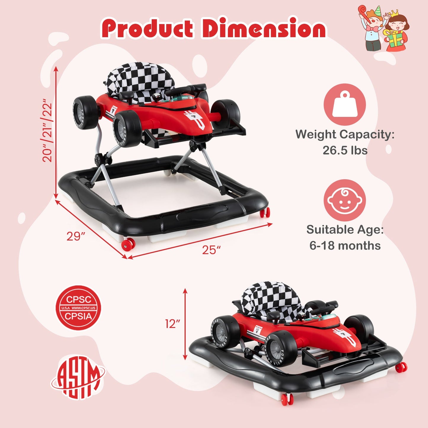 4-in-1 Adjustable Baby Push Walker with Music Box - Red