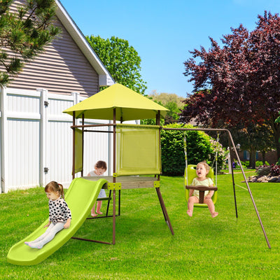 Columpio 4 en 1 con Casa de Juegos y Asiento Ajustable para Bebés - Verde