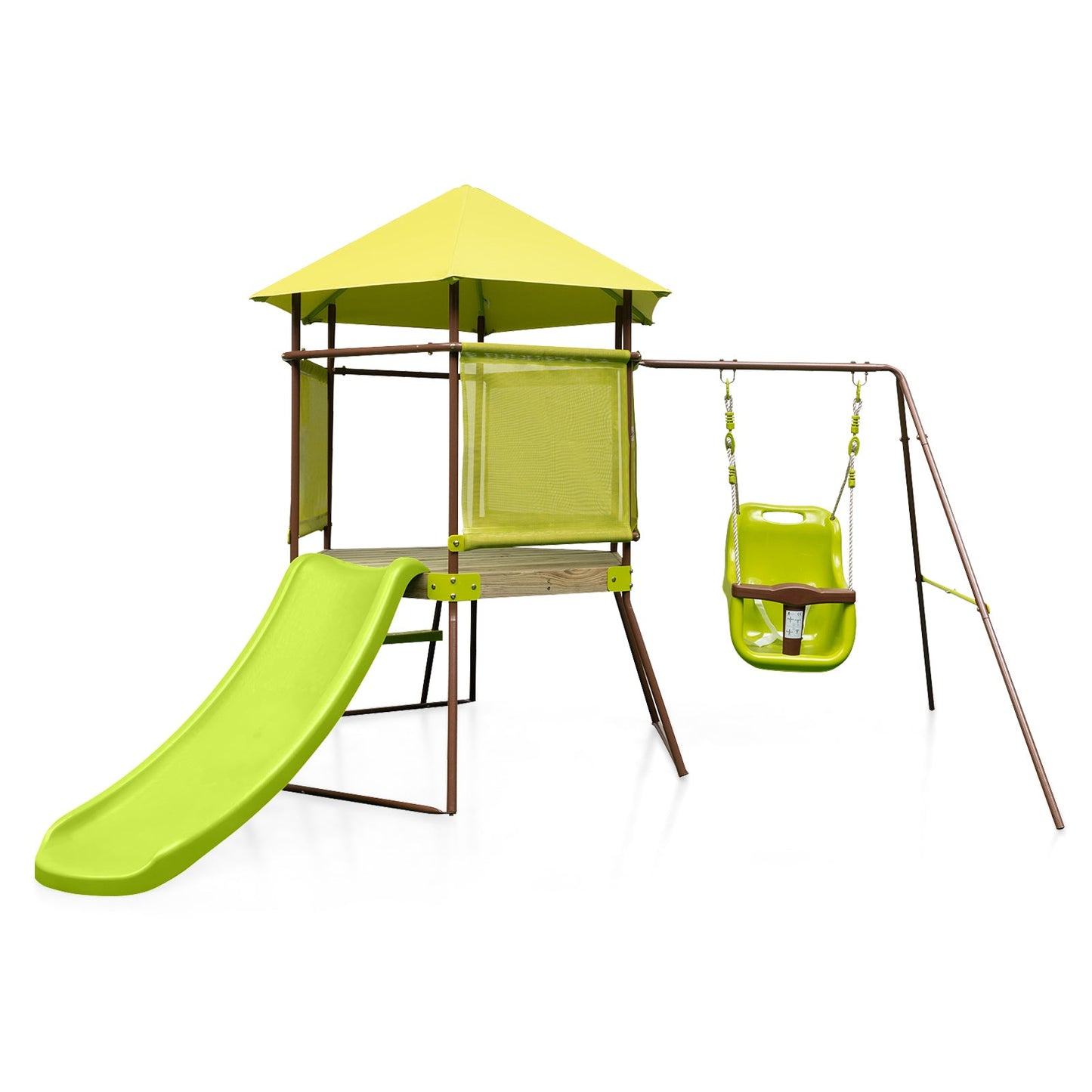 Columpio 4 en 1 con Casa de Juegos y Asiento Ajustable para Bebés - Verde