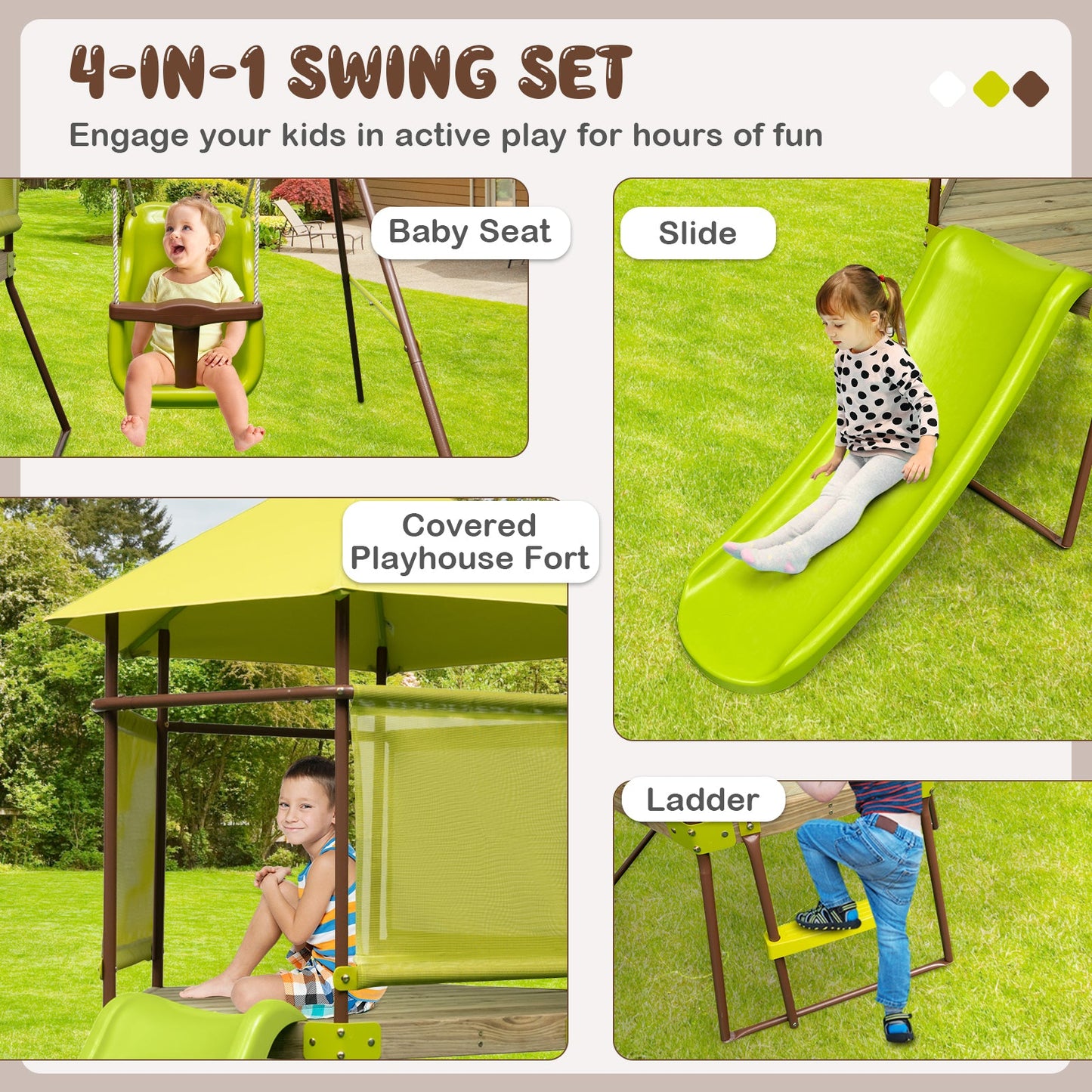 Columpio 4 en 1 con Casa de Juegos y Asiento Ajustable para Bebés - Verde