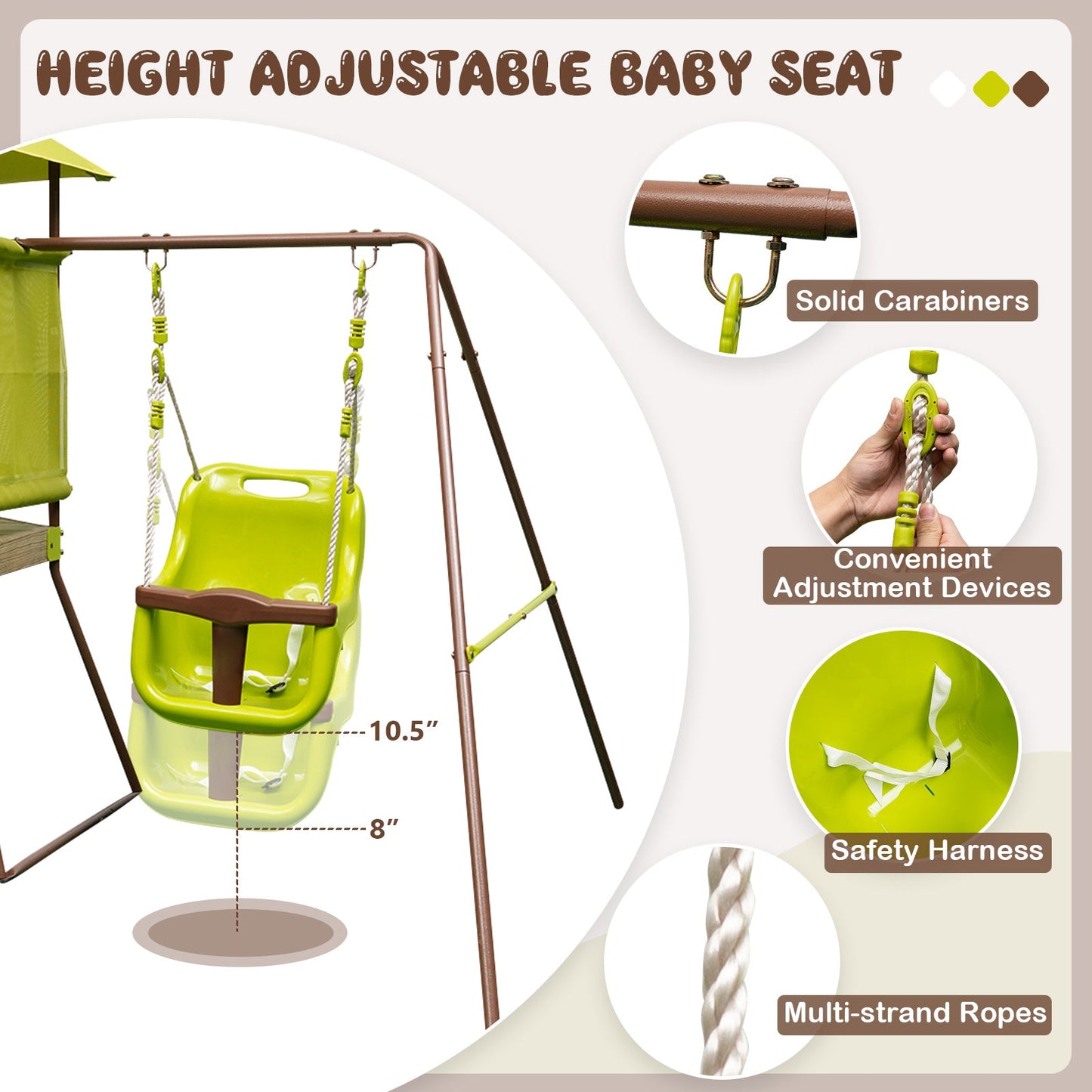 Columpio 4 en 1 con Casa de Juegos y Asiento Ajustable para Bebés - Verde