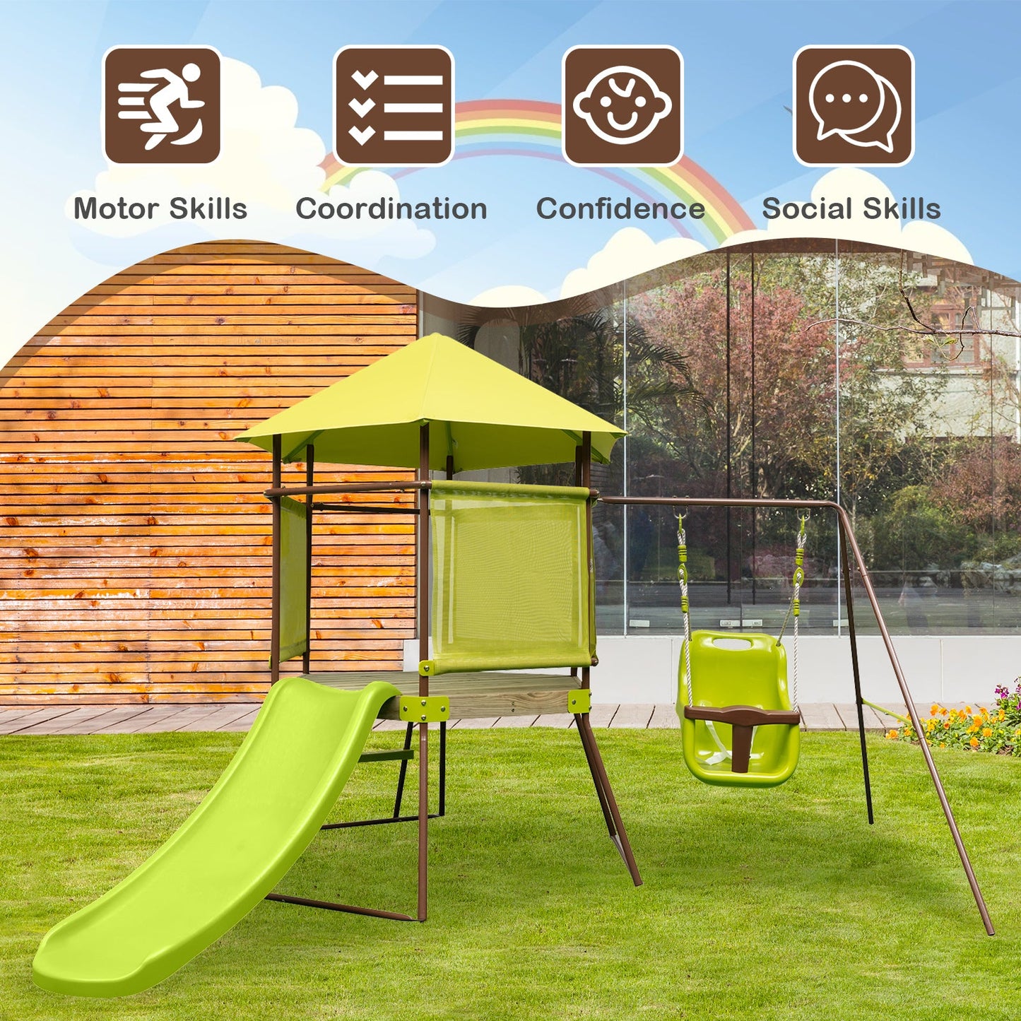 Columpio 4 en 1 con Casa de Juegos y Asiento Ajustable para Bebés - Verde