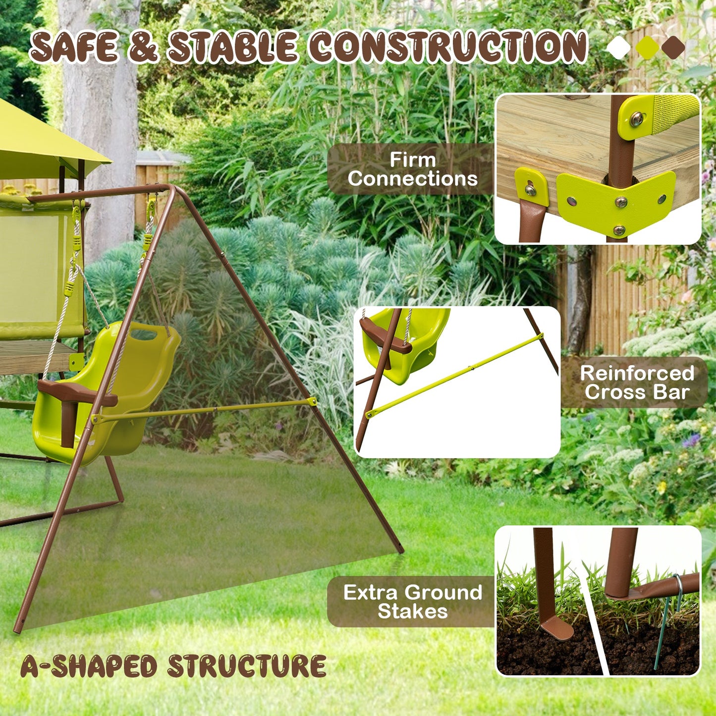 Columpio 4 en 1 con Casa de Juegos y Asiento Ajustable para Bebés - Verde