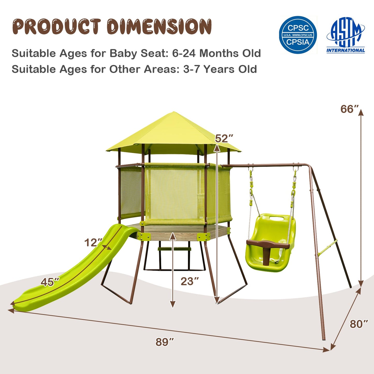 Columpio 4 en 1 con Casa de Juegos y Asiento Ajustable para Bebés - Verde