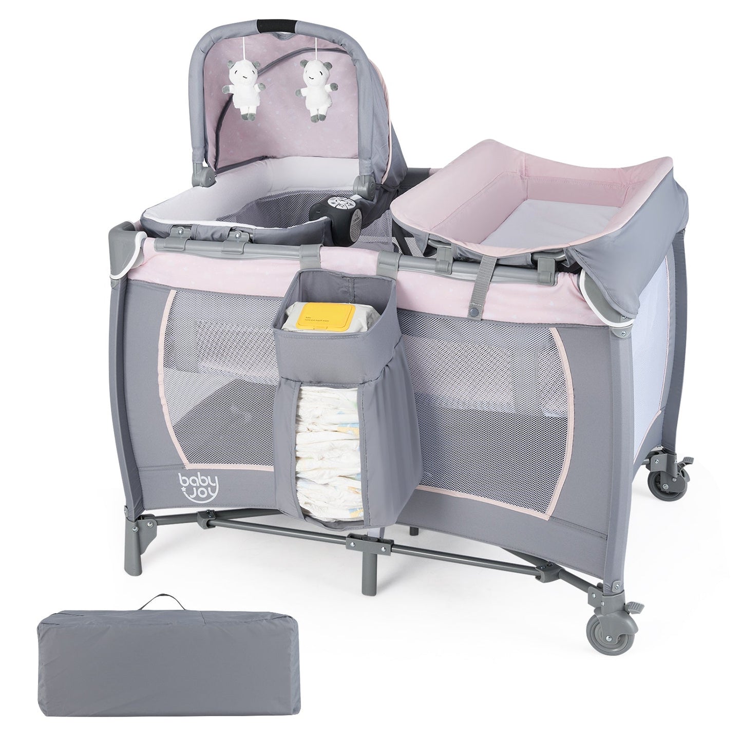 Parc de jeu portable convertible 4-en-1 avec musique et jouets - Gris