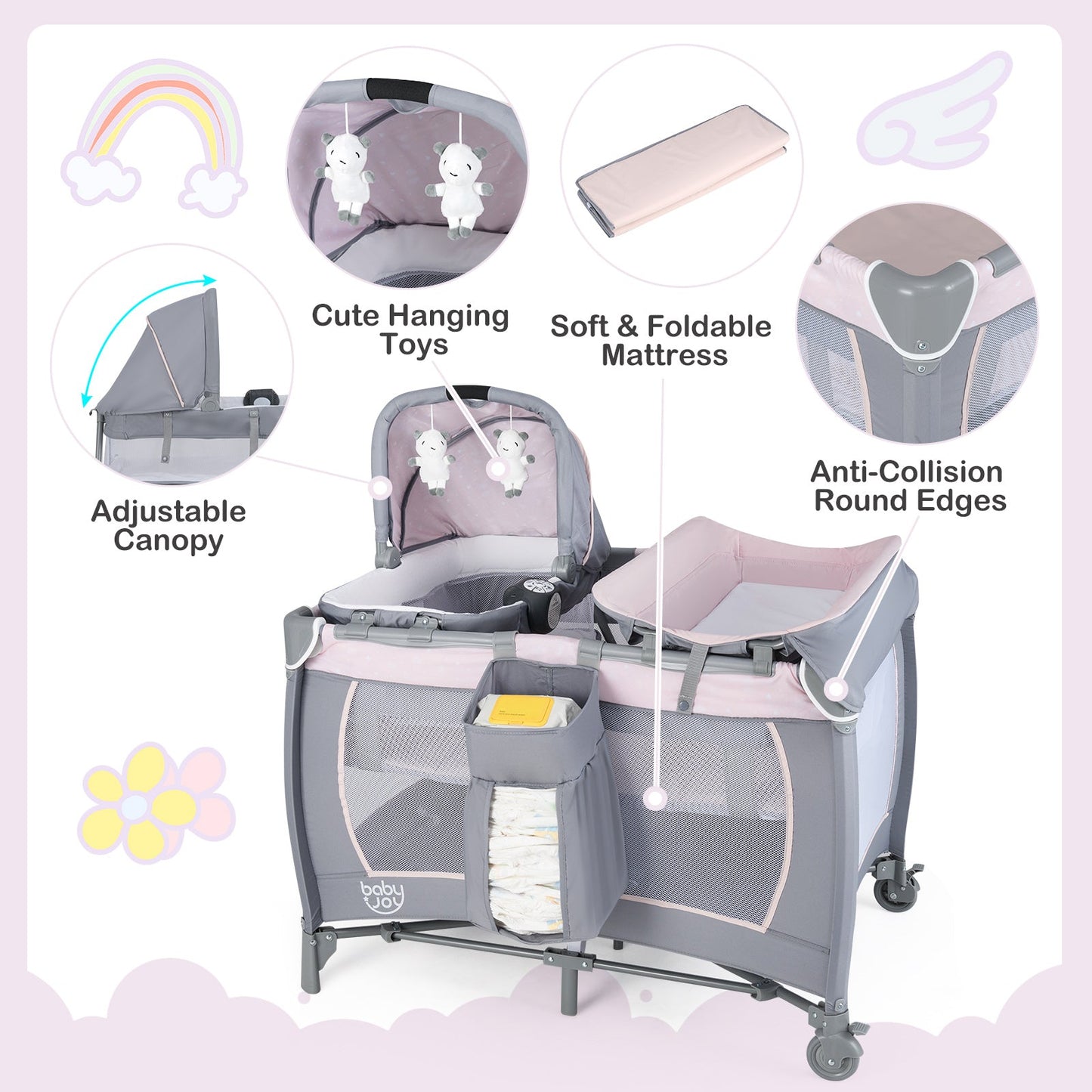 Parc de jeu portable convertible 4-en-1 avec musique et jouets - Gris