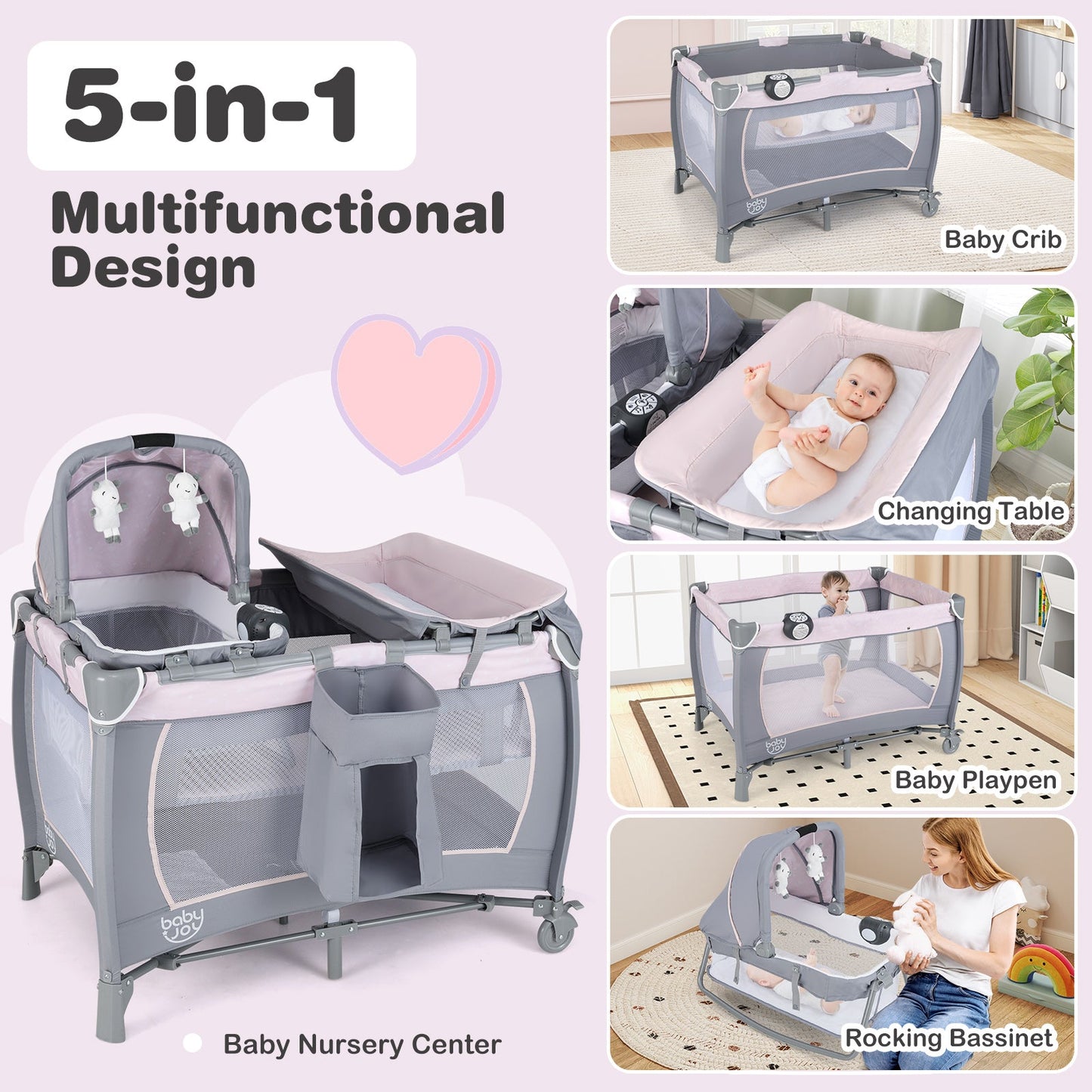 Parc de jeu portable convertible 4-en-1 avec musique et jouets - Gris