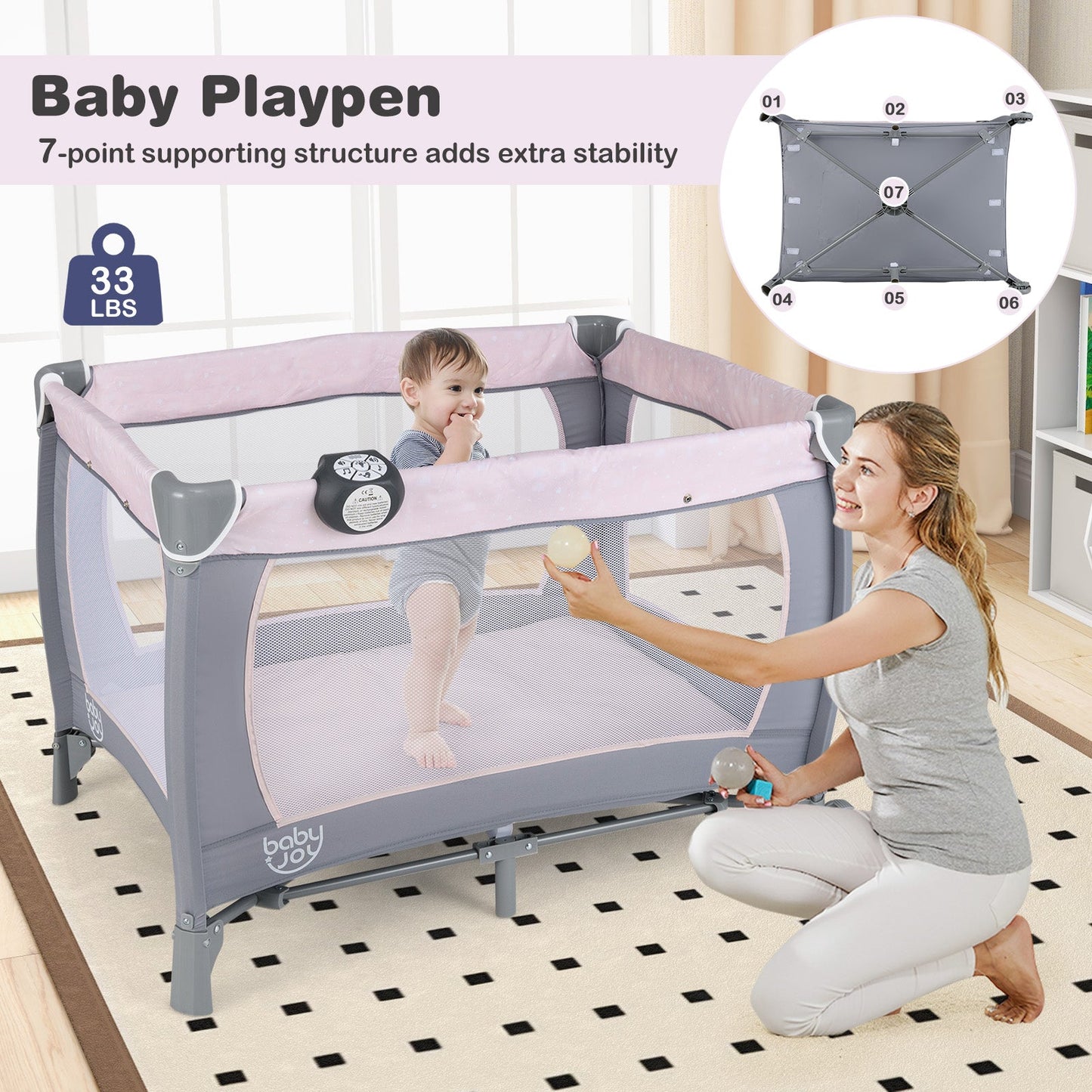 Parc de jeu portable convertible 4-en-1 avec musique et jouets - Gris