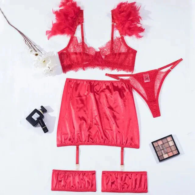 4 Piece Lace Up Underwear & Bra Set