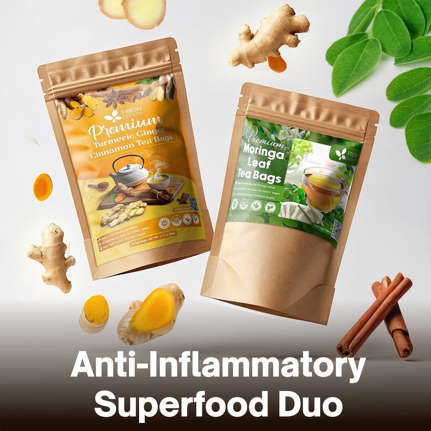 FreshDrinkUS Herbal Tea Duo: Turmeric Ginger Cinnamon & Moringa Leaf