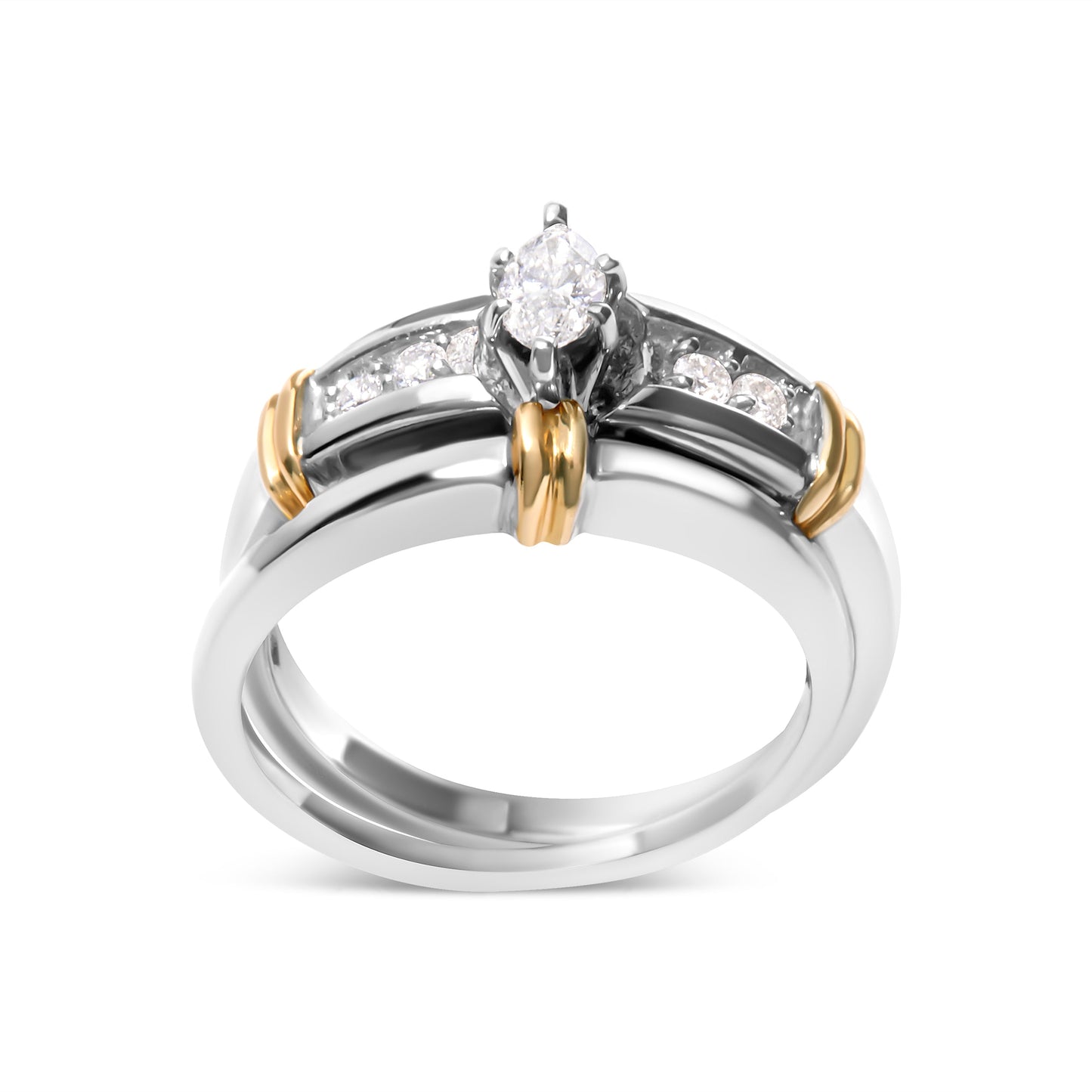 Conjunto de Anillo de Compromiso de Diamante Marquise en Oro Amarillo y Blanco de 14K - Talla 7