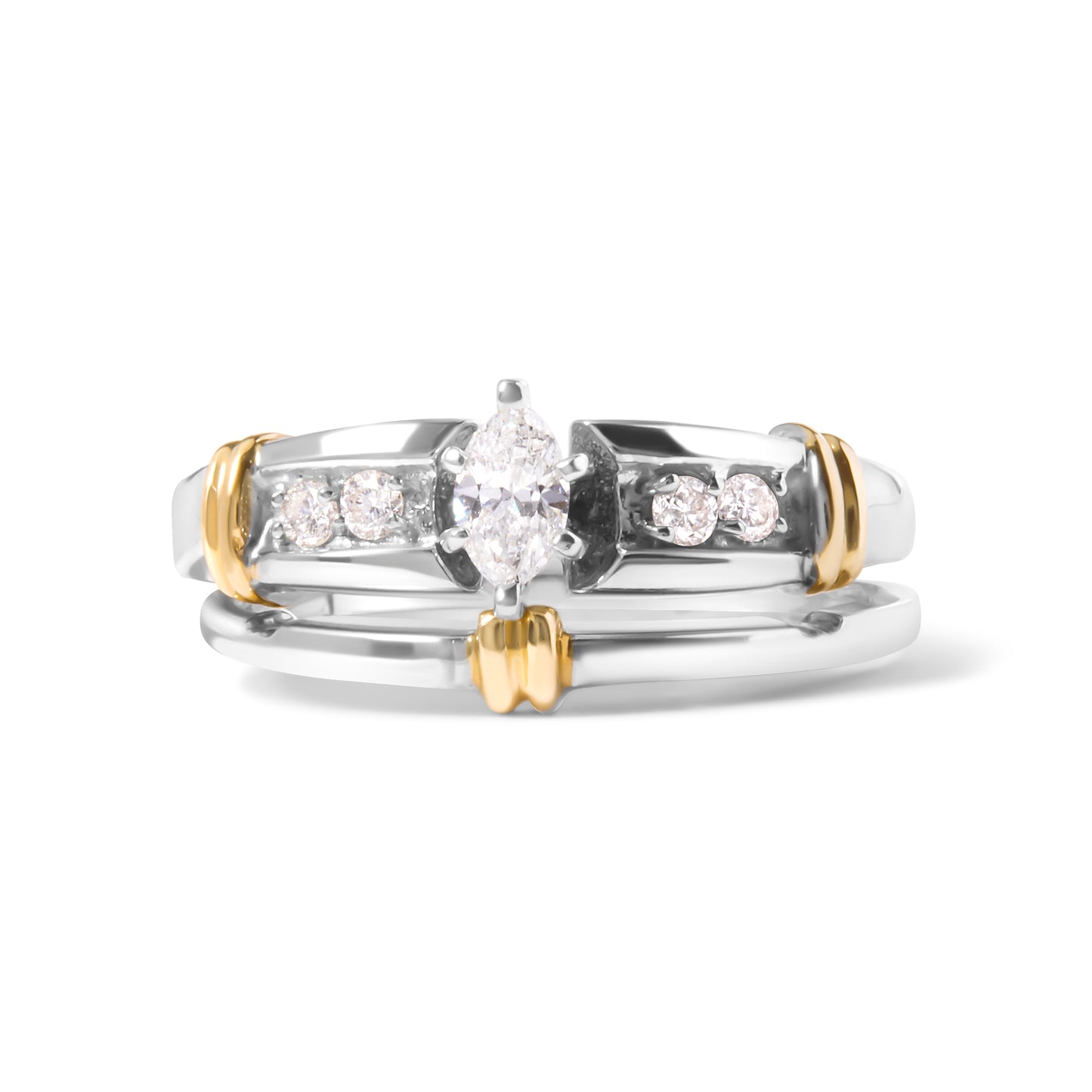 Conjunto de Anillo de Compromiso de Diamante Marquise en Oro Amarillo y Blanco de 14K - Talla 7