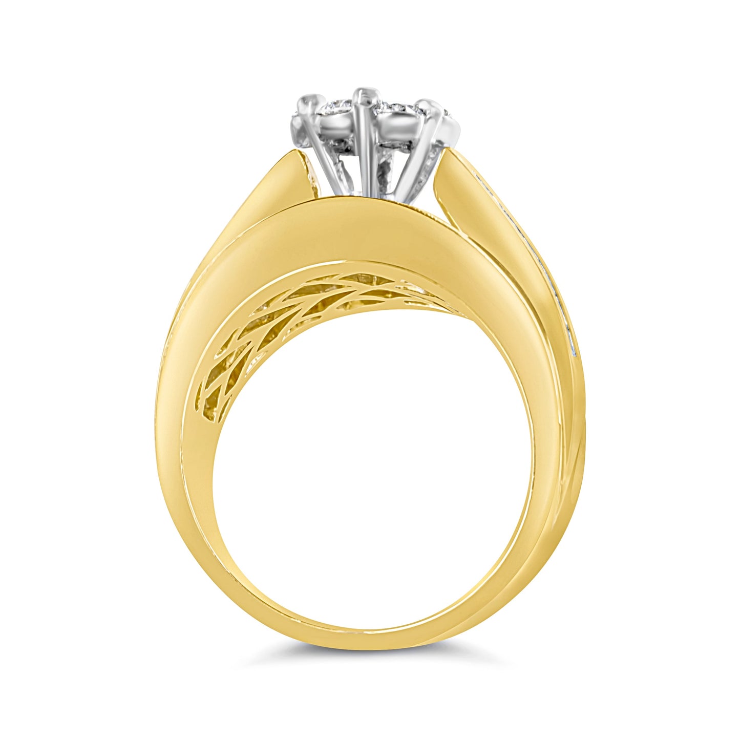 Ensemble de Bagues de Fiançailles en Or Jaune 14K avec Diamants en Cluster en Forme de Chevron - Tai