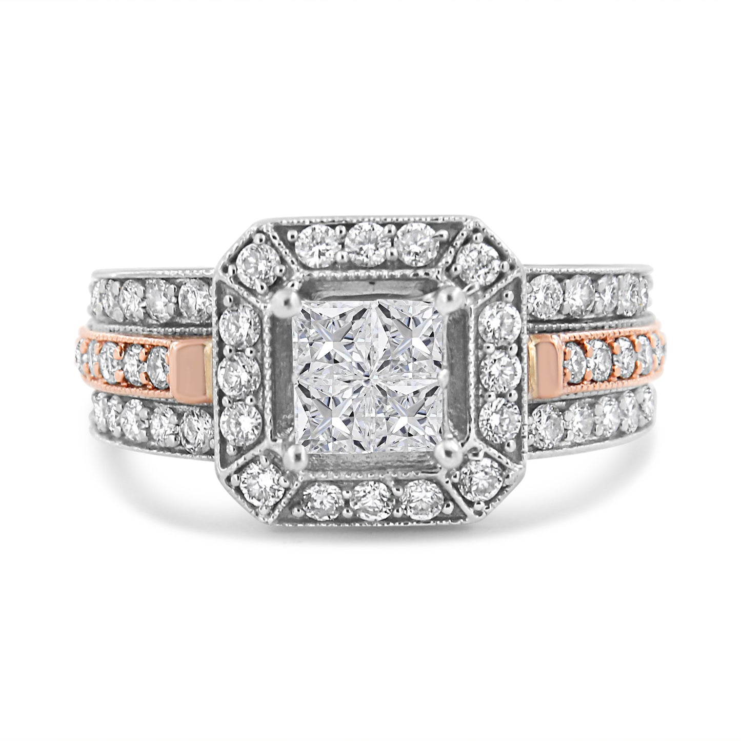 Anillo Halo Art Deco Triple Banda de Diamantes en Oro Blanco y Rosa de 14K - Talla 7