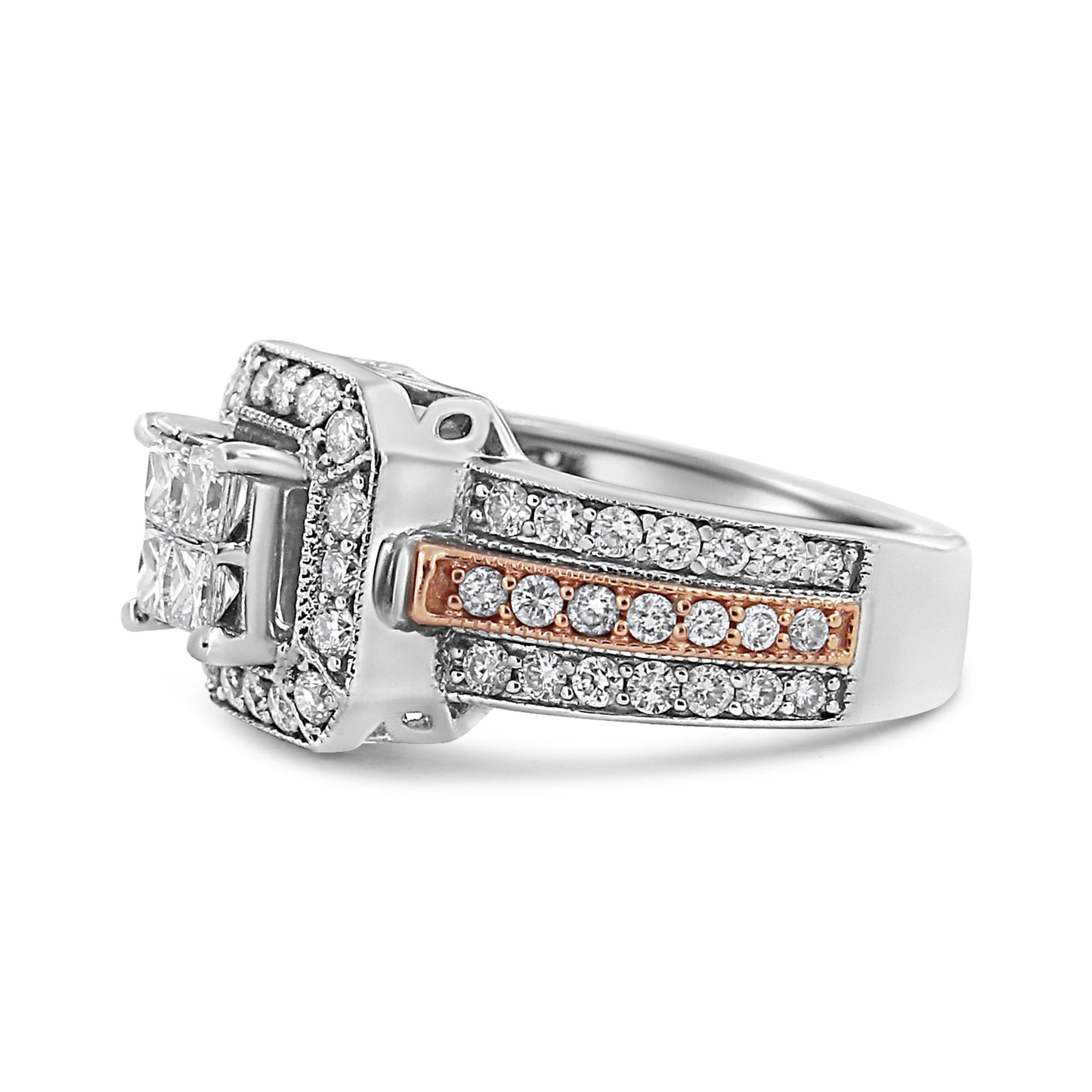 Anillo Halo Art Deco Triple Banda de Diamantes en Oro Blanco y Rosa de 14K - Talla 7