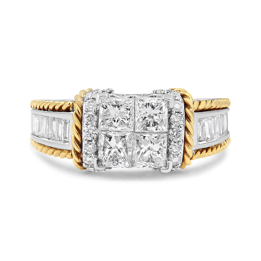 Bague de fiançailles en diamant taille princesse en or blanc et jaune 14K 1,5 Cttw