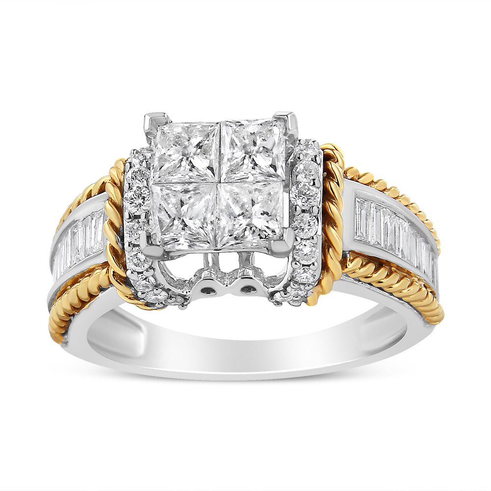 Bague de fiançailles en diamant taille princesse en or blanc et jaune 14K 1,5 Cttw