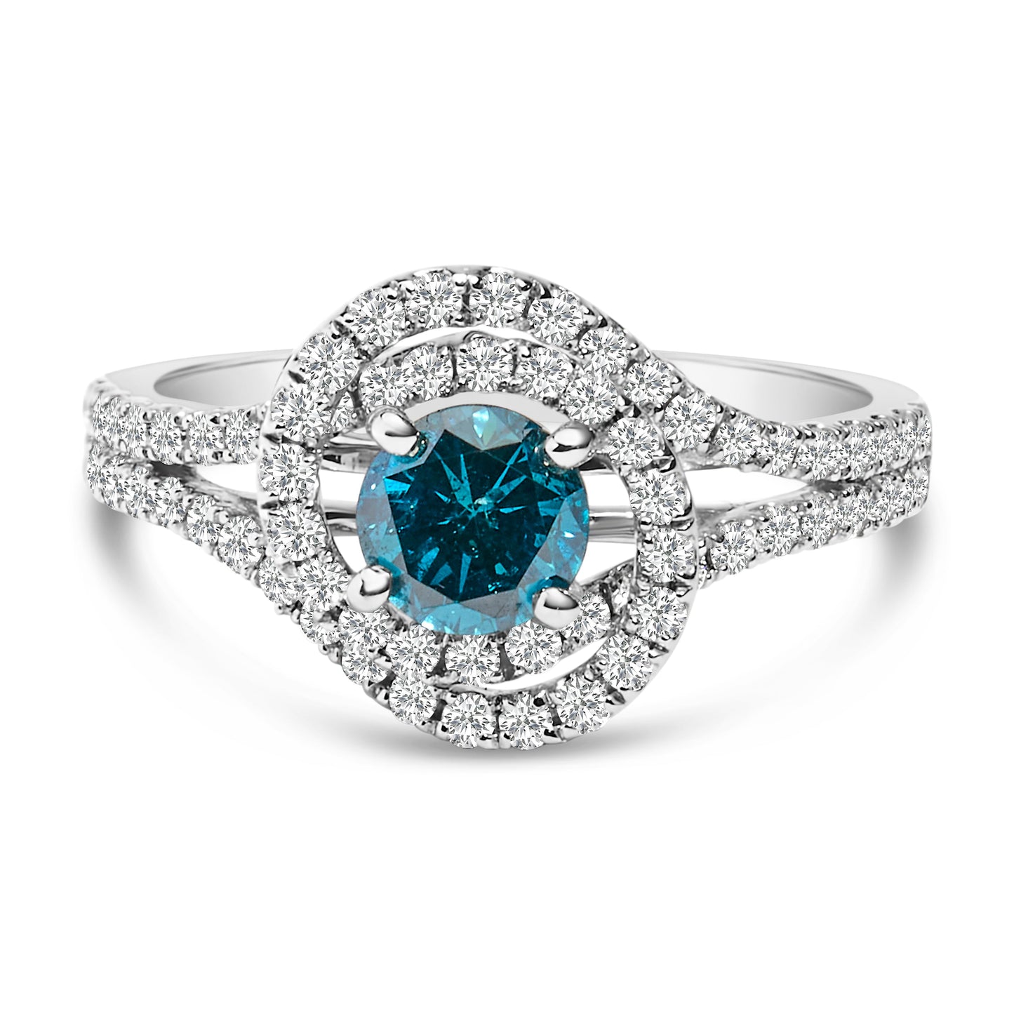 Anillo de cóctel doble halo de diamantes azules y blancos de oro blanco de 14 quilates - Talla 6