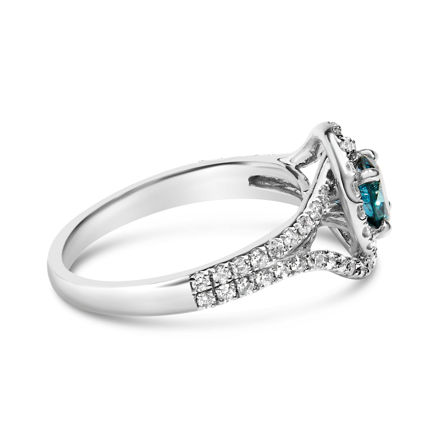 Anillo de cóctel doble halo de diamantes azules y blancos de oro blanco de 14 quilates - Talla 6