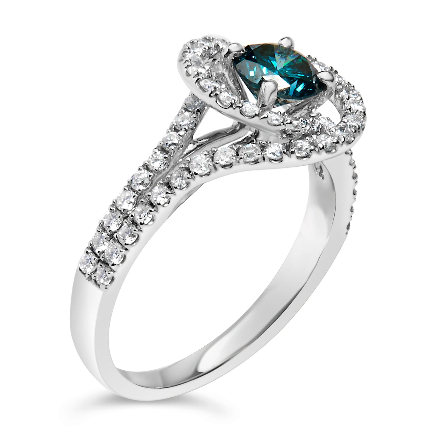 Anillo de cóctel doble halo de diamantes azules y blancos de oro blanco de 14 quilates - Talla 6