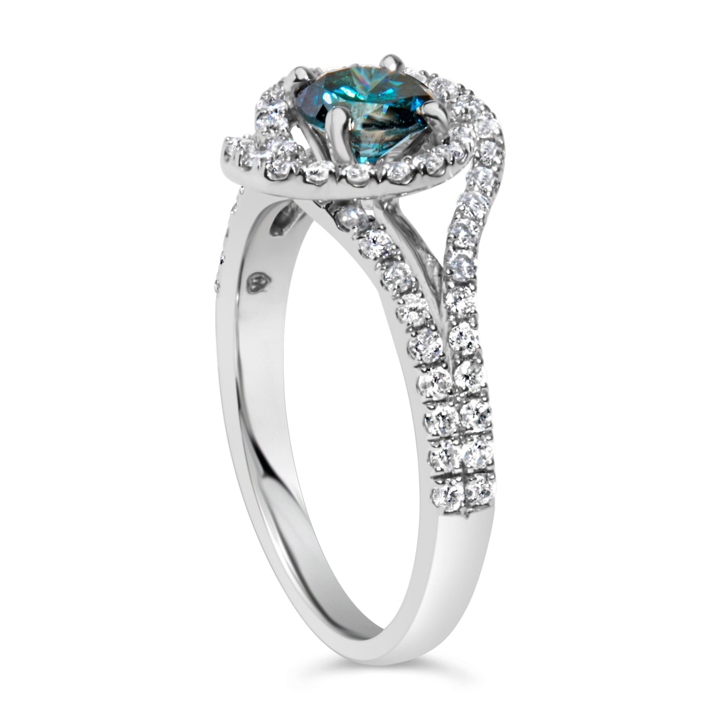 Anillo de cóctel doble halo de diamantes azules y blancos de oro blanco de 14 quilates - Talla 6