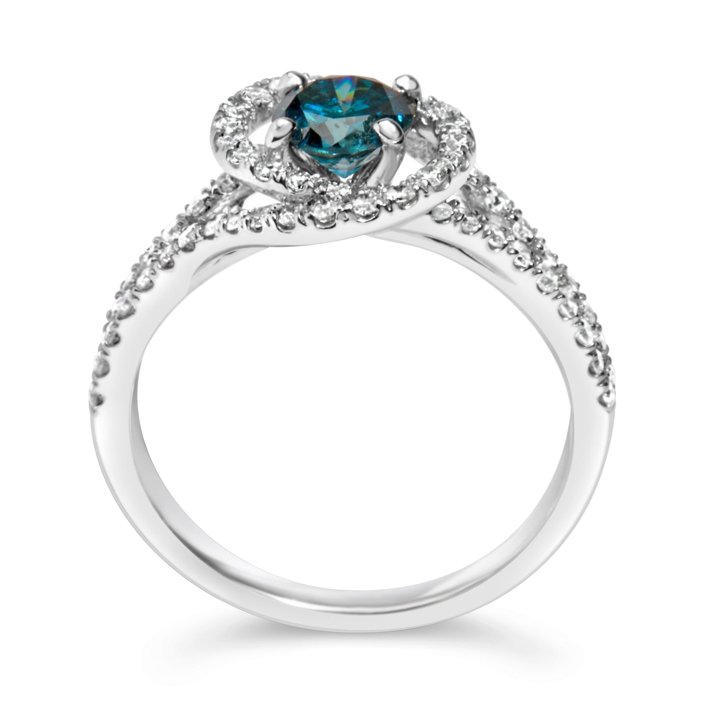 Anillo de cóctel doble halo de diamantes azules y blancos de oro blanco de 14 quilates - Talla 6