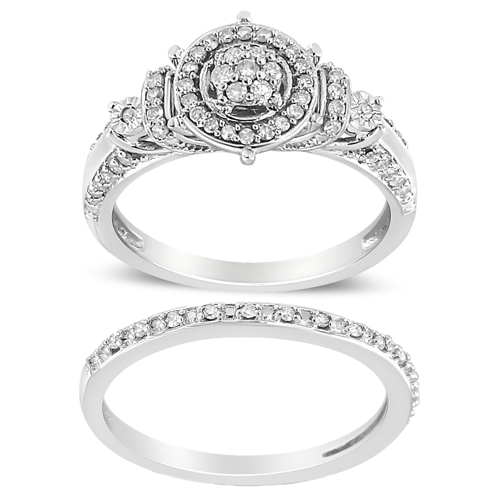 .925 Sterling Silver 1/3 Cttw Diamond Cluster Engagement Ring Set - Size 7