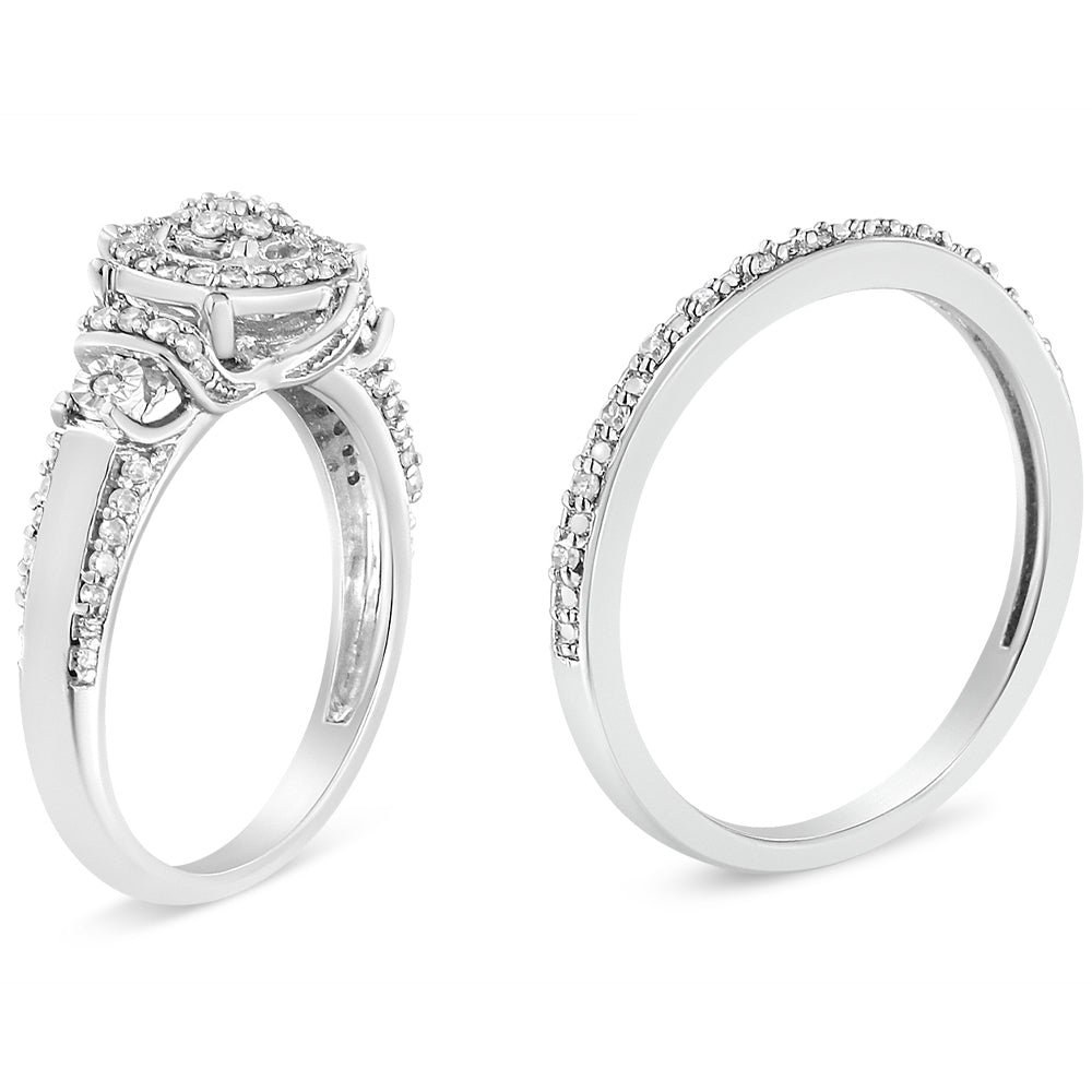 .925 Sterling Silver 1/3 Cttw Diamond Cluster Engagement Ring Set - Size 7