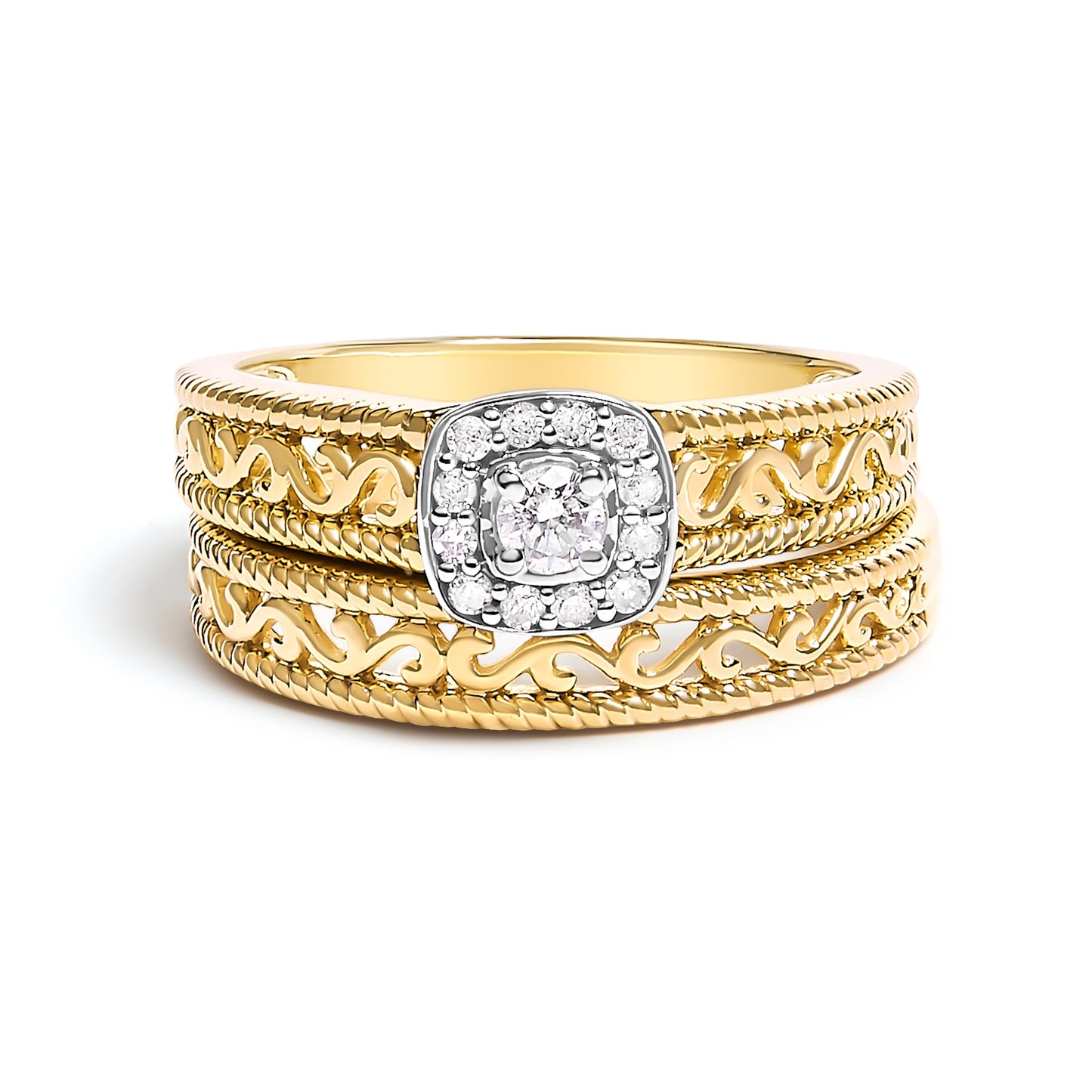 Ensemble de Bagues de Fiançailles en Argent Sterling Plaqué Or Jaune 14K avec Halo de Diamants - Tai