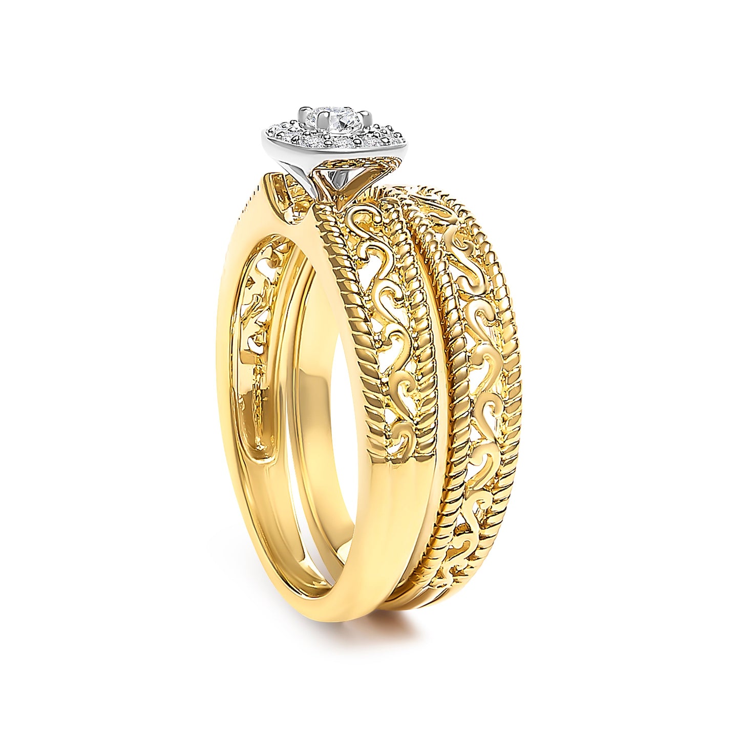Ensemble de Bagues de Fiançailles en Argent Sterling Plaqué Or Jaune 14K avec Halo de Diamants - Tai
