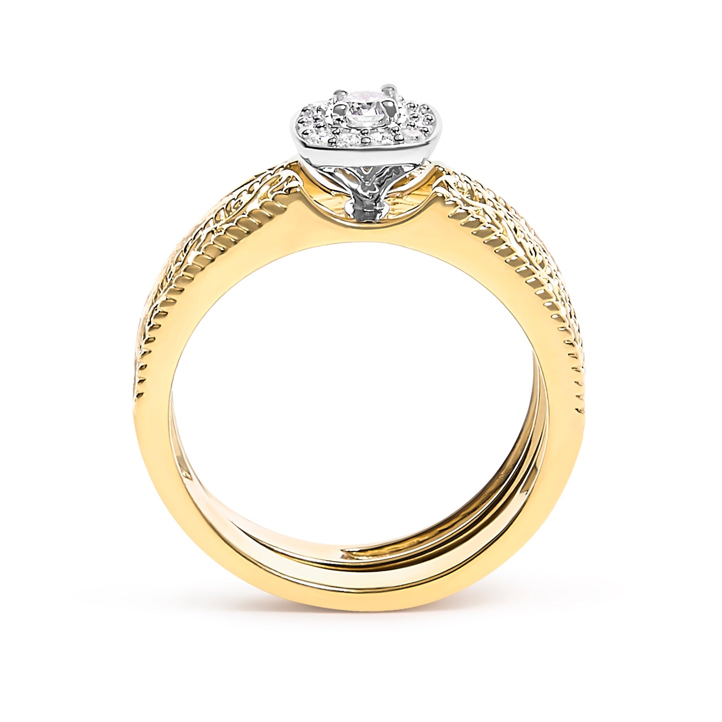Ensemble de Bagues de Fiançailles en Argent Sterling Plaqué Or Jaune 14K avec Halo de Diamants - Tai