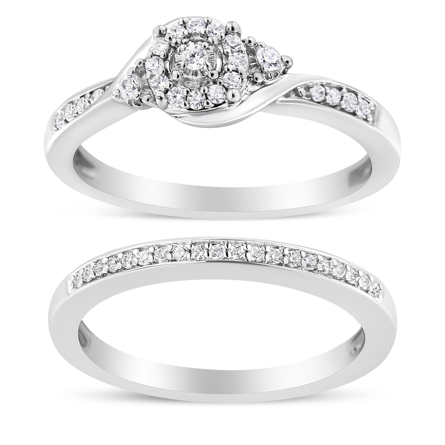 Ensemble de Bague de Fiançailles et de Mariage en Argent Sterling .925 avec Halo de Diamants et Tour