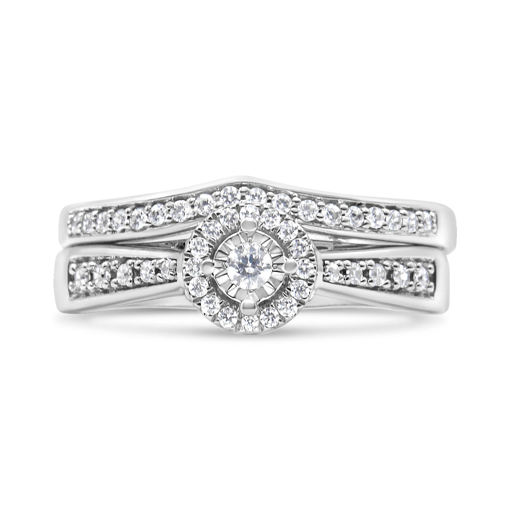 Conjunto de Anillo de Compromiso con Halo de Diamantes de Plata Esterlina .925 - Talla 7