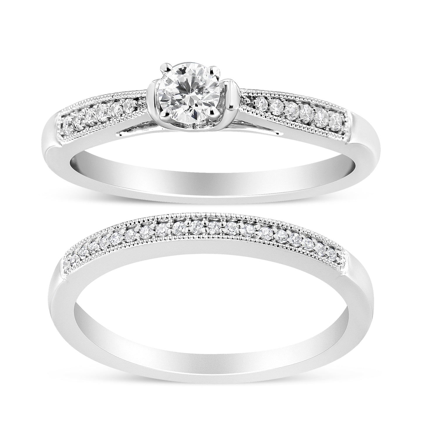 Ensemble de Bague de Fiançailles en Argent Sterling .925 avec Diamant - Taille 7