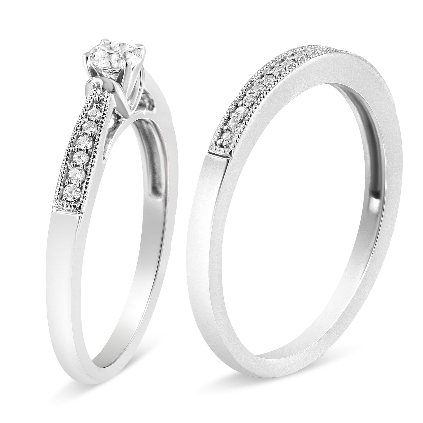 Ensemble de Bague de Fiançailles en Argent Sterling .925 avec Diamant - Taille 7