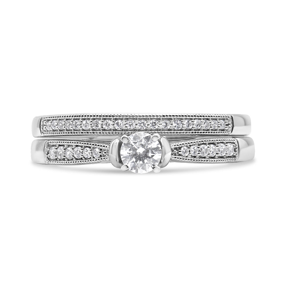 Ensemble de Bague de Fiançailles en Argent Sterling .925 avec Diamant - Taille 7