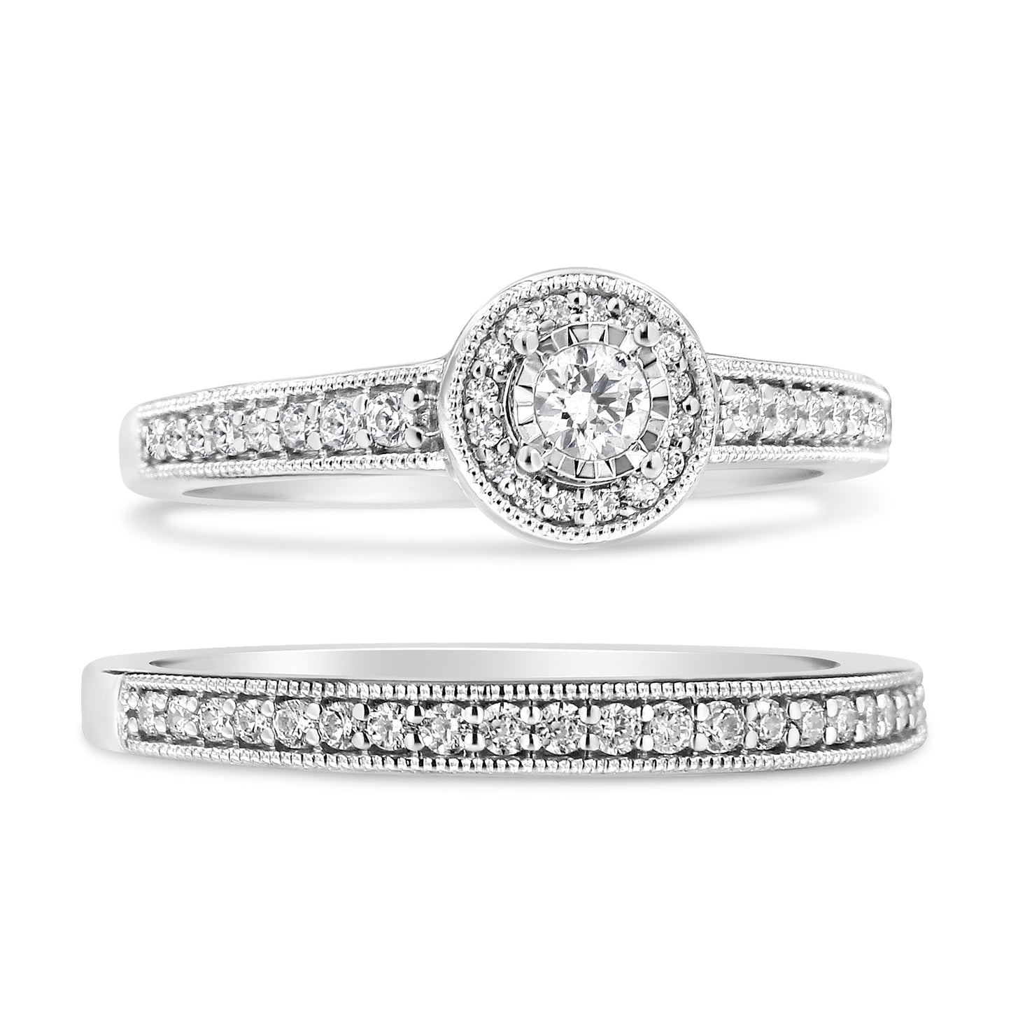 Anillo de Compromiso con Halo de Diamantes de Plata Esterlina .925 1/2 Ctw Conjunto Nupcial