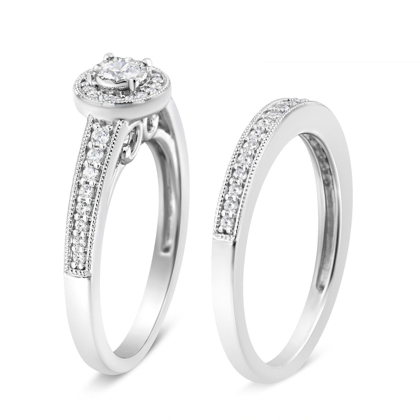 Anillo de Compromiso con Halo de Diamantes de Plata Esterlina .925 1/2 Ctw Conjunto Nupcial