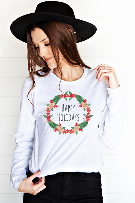 Happy Holidays Wreath Long Sleeve Tee - Korvel